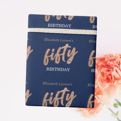 50th Birthday Party Modern Gold &amp; Blue | Fifty Wrapping Paper