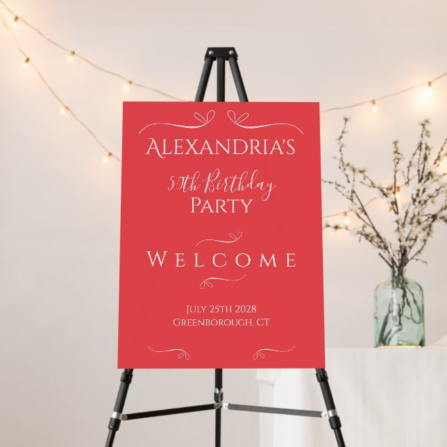 50th Birthday Party Modern Pink Red Welcome Sign (In Situ (Stand))