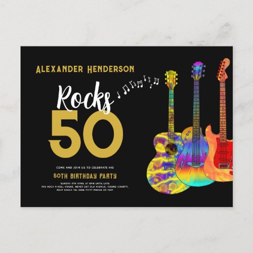 50th Birthday Party Music Guitar Rocks 50 Invitation Postcard