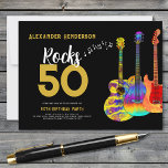 50th Birthday Party Music Guitar Rocks 50 Invitation Postcard<br><div class="desc">Personalized Rocks 50 gold modern typography 50th birthday party invitations with musical notes and three cool colorful watercolor guitar designs. This easy to use template creates the perfect invitation to celebrate fifty in rock n roll style and is ideal for a guitarist, musician and music lovers. Any guitar player will...</div>