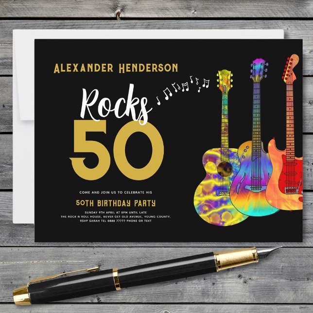 50th Birthday Party Music Guitar Rocks 50 Invitation Postcard (Rock and roll black and gold 50th birthday party budget postcard invitation with funky guitars)