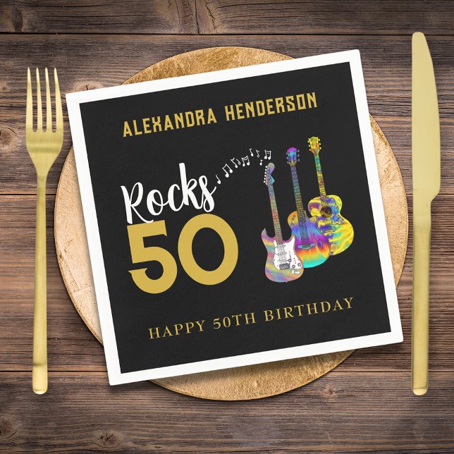 50th Birthday Party Music Guitar Rocks 50 Napkins (Rock and roll guitar black and gold personalized name 50th birthday party paper napkins)