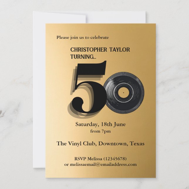 50th Birthday Party music record  Invitation (Front)