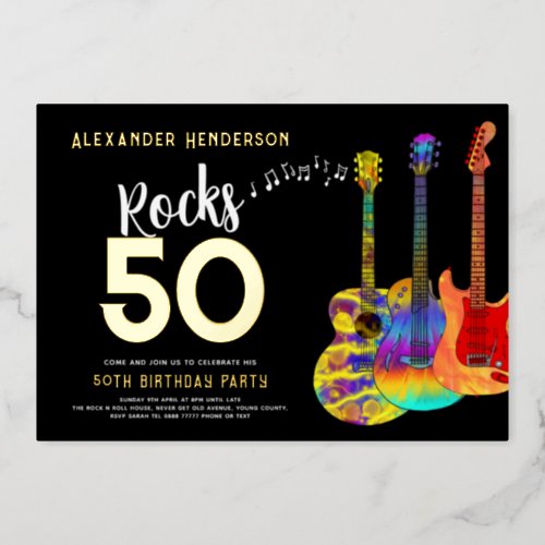 50th Birthday Party Music Rocks 50 Gold Foil Invitation
