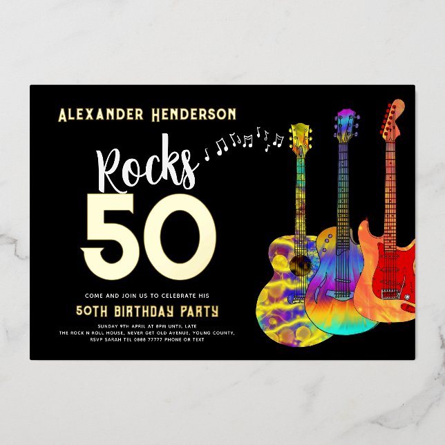 50th Birthday Party Music Rocks 50 Gold Foil Invitation (Front)