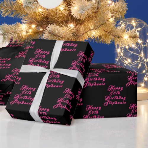 50th Birthday Party Name Black Pink Modern Pattern Wrapping Paper