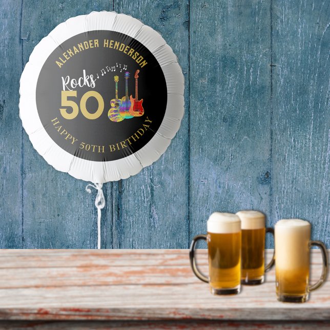 50th Birthday Party Name Guitars Music Rocks 50 Balloon (Rock and roll 50th birthday party balloon personalized for him funky guitars cool gold typography )
