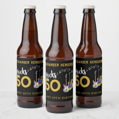 50th Birthday Party Name Guitars Music Rocks 50 Beer Bottle Label