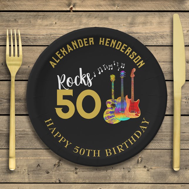 50th Birthday Party Name Guitars Rocks 50 Paper Plates (Personalized for him 50th birthday party rock and roll funky guitars black and gold paper plates)