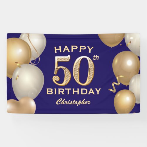 50th Birthday Party Navy Blue and Gold Balloons Banner