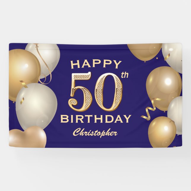 50th Birthday Party Navy Blue and Gold Balloons Banner (Horizontal)