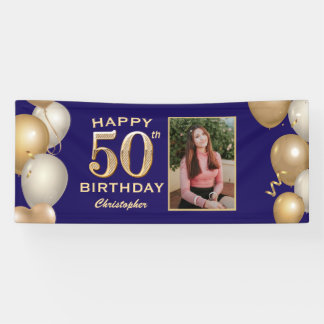 50th Birthday Party Navy Blue and Gold Balloons Banner