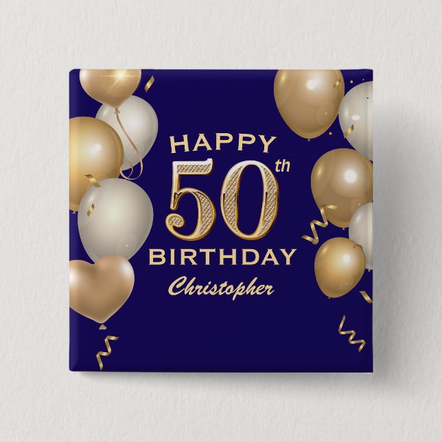 50th Birthday Party Navy Blue and Gold Balloons Button (Front)