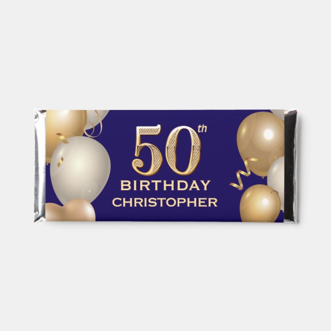 50th Birthday Party Navy Blue and Gold Balloons Hershey Bar Favors (Front)