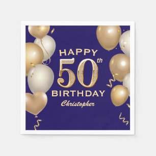 50th Birthday Party Navy Blue and Gold Balloons Napkins