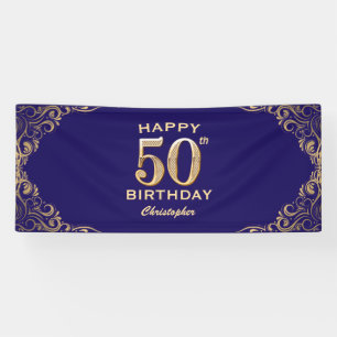 50th Birthday Party Navy Blue and Gold Glitter Banner