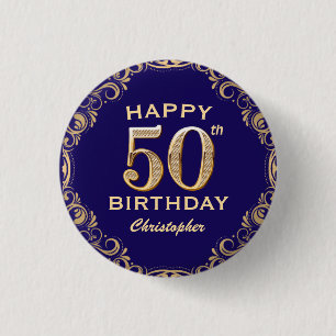 50th Birthday Party Navy Blue and Gold Glitter Button