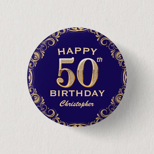 50th Birthday Party Navy Blue and Gold Glitter Button (Front)