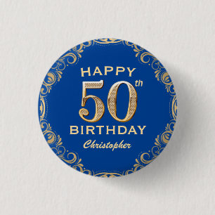 50th Birthday Party Navy Blue and Gold Glitter Button