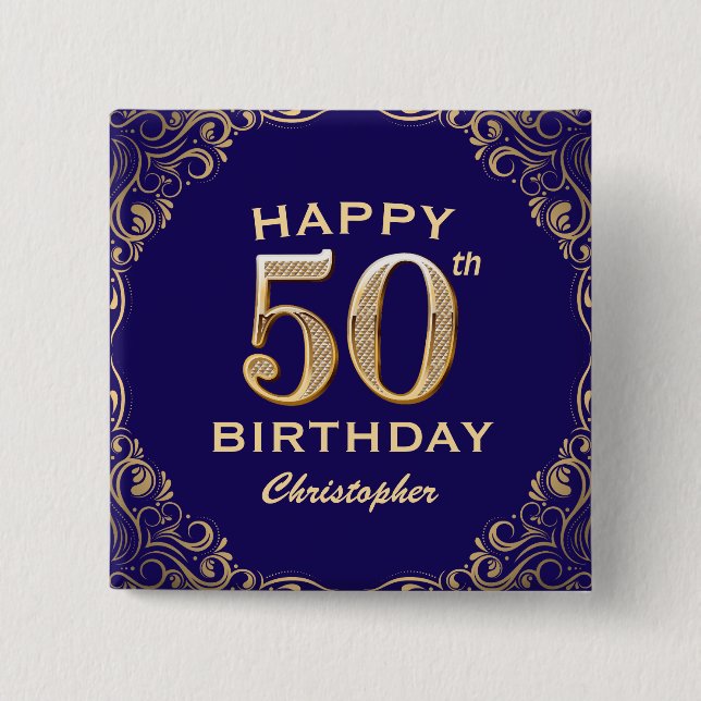50th Birthday Party Navy Blue and Gold Glitter Button (Front)