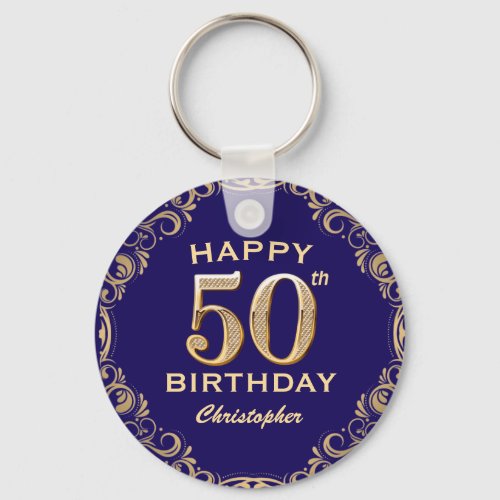 50th Birthday Party Navy Blue and Gold Glitter Keychain