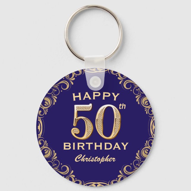 50th Birthday Party Navy Blue and Gold Glitter Keychain (Front)