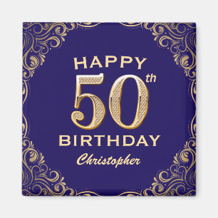 50th Birthday Party Navy Blue and Gold Glitter Magnet