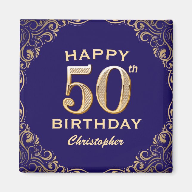 50th Birthday Party Navy Blue and Gold Glitter Magnet (Front)