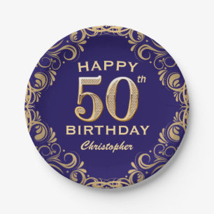 50th Birthday Party Navy Blue and Gold Glitter Paper Plates