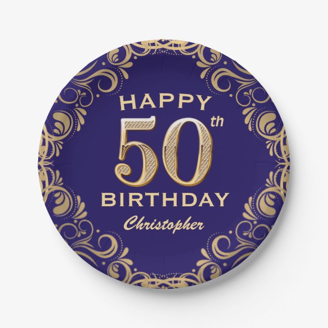 50th Birthday Party Navy Blue and Gold Glitter Paper Plates (Front)