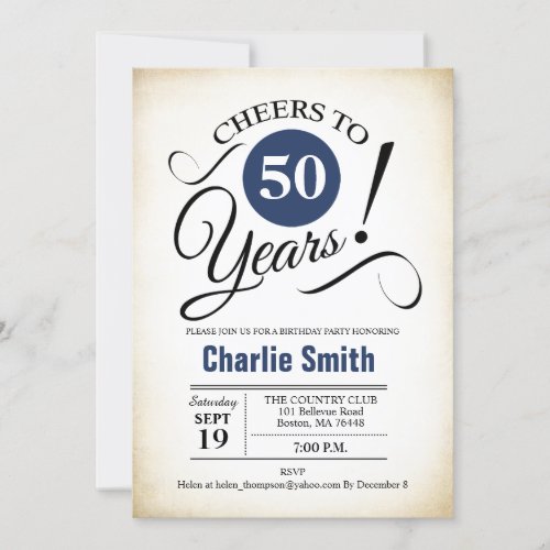 50th Birthday Party _ Navy Blue Black White Invitation