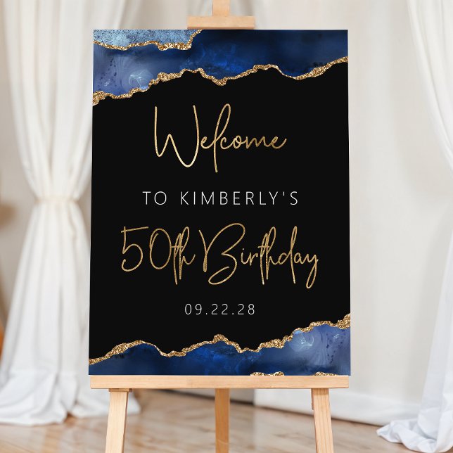 50th Birthday Party Navy Blue Gold Agate Welcome Foam Board (Creator Uploaded)