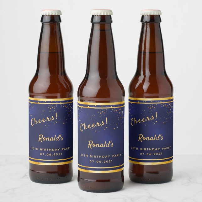 50th Birthday party navy blue gold cheers Beer Bottle Label (Bottles)