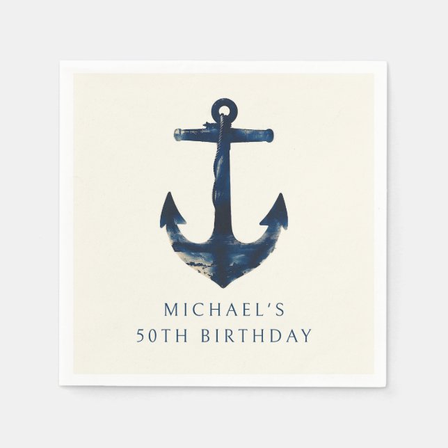 50th Birthday Party Navy Blue Nautical Anchor Napkins (Front)