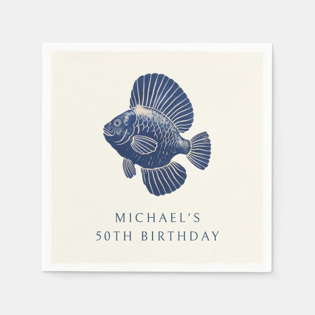50th Birthday Party Navy Blue Nautical Fish Napkins (Front)
