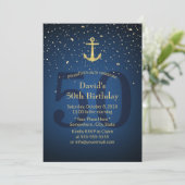 50th Birthday Party Navy Blue Nautical Gold Anchor Invitation (Standing Front)