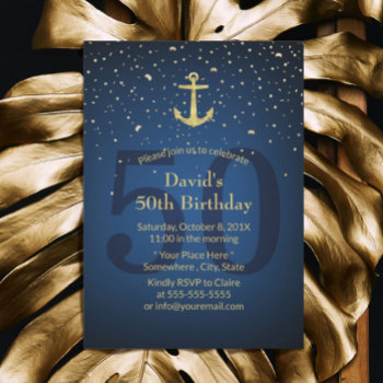 50th Birthday Party Navy Blue Nautical Gold Anchor Invitation by myinvitation at Zazzle