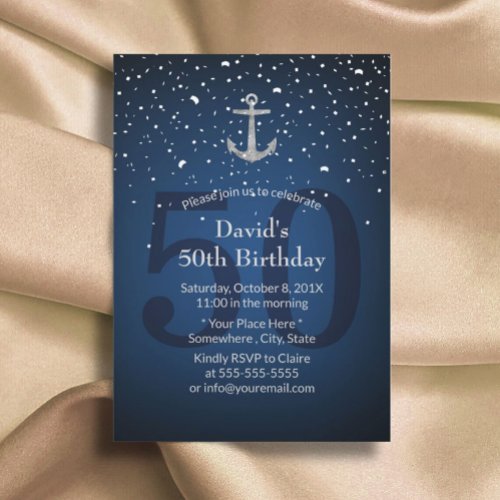 50th Birthday Party Navy Blue  Silver Anchor Invitation