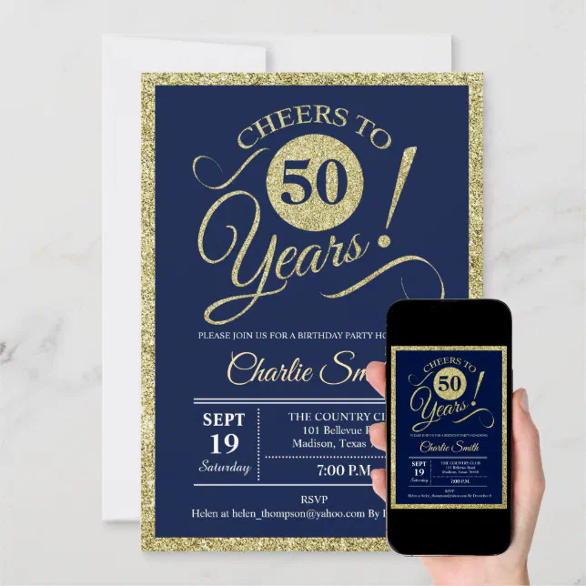 50th Birthday Party - Navy Gold Any Year Invitation 