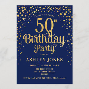 50th Birthday Party - Navy & Gold Invitation