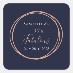 50th Birthday Party Navy Rose Gold Square Sticker