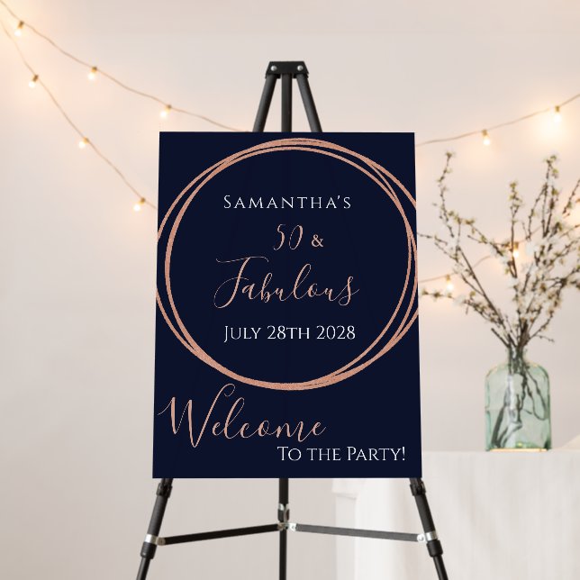 50th Birthday Party Navy Rose Gold Welcome Sign (In Situ (Stand))