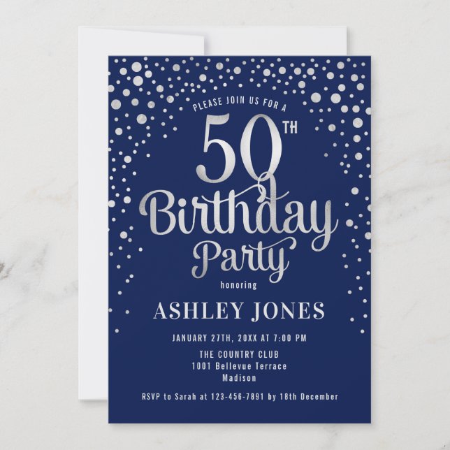 50th Birthday Party - Navy & Silver Invitation (Front)