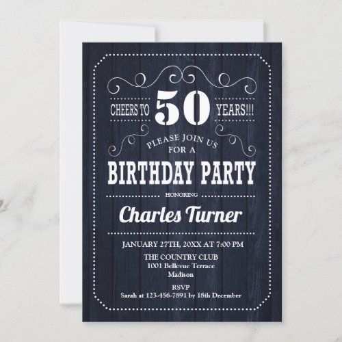 50th Birthday Party _ Navy Wood Pattern Invitation