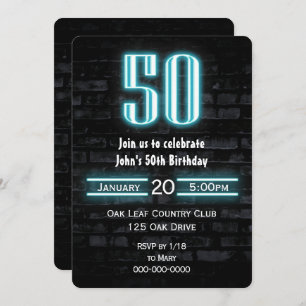 50th Birthday Party Neon Sign on Brick Invitation