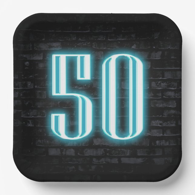 50th Birthday Party Neon Sign on Brick  Paper Plates (Front)