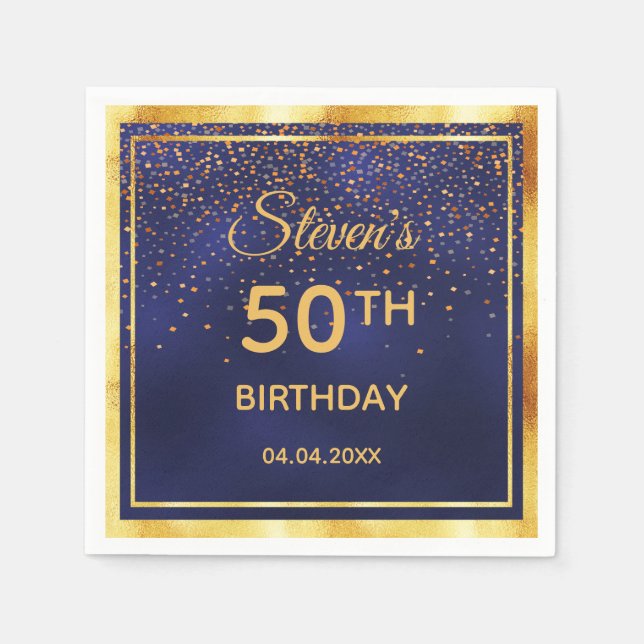50th birthday party on midnight blue gold confetti napkins (Front)