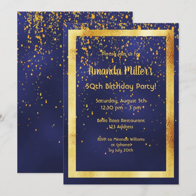 50th birthday party on midnight blue gold frame invitation (Front/Back)