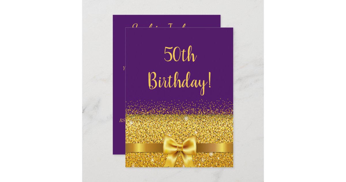 50th birthday party on purple gold bow sparkle invitation | Zazzle
