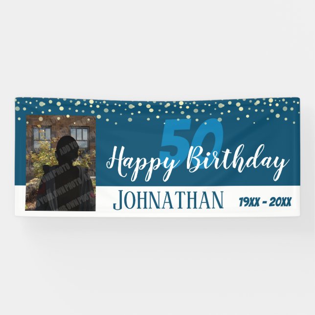 50th Birthday Party One Photo with Confetti Blue Banner (Horizontal)